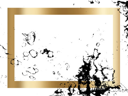 Splatter Paint Texture in a gold frame vector background. Distress Grunge background. Scratch, Grain, Noise rectangle stamp. Black Spray Blot of Ink. Place illustration Over any Object to Createのイラスト素材