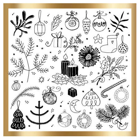 new year and Christmas set of vector doodle isolated elements.のイラスト素材
