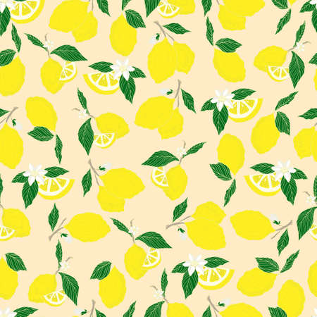 vector seamless pattern lemons and sliced lemons on a pink background. Summer lemon pattern for...