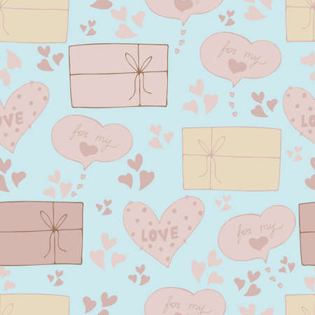 vector seamless pattern of hearts and gifts with congratulations declaration of love on Valentine's Day 14 February. Background for invitations, wallpaper, wrapping paper and scrapbookingのイラスト素材