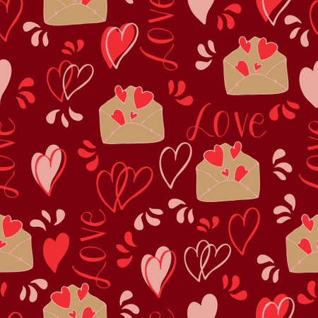 vector seamless pattern of hearts and gifts with congratulations declaration of love on Valentine's Day 14 February. Background for invitations, wallpaper, wrapping paper and scrapbookingのイラスト素材