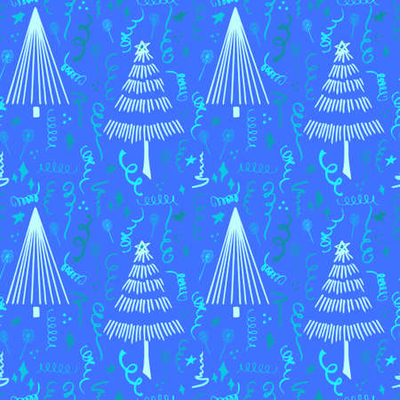 Christmas background party celebration vector seamless pattern stylized Christmas trees with candy gifts and sparklers. Wallpaper for wrapping paper, invitations, paper and cards, website backgrounds.のイラスト素材