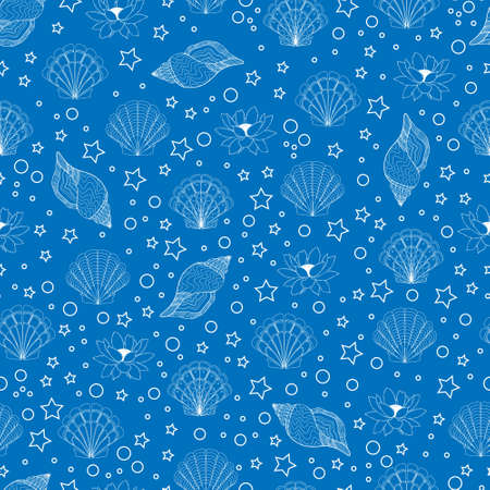 summer background with contour seashells lotus flowers stars and bubbles on colored background vector seamless patternのイラスト素材