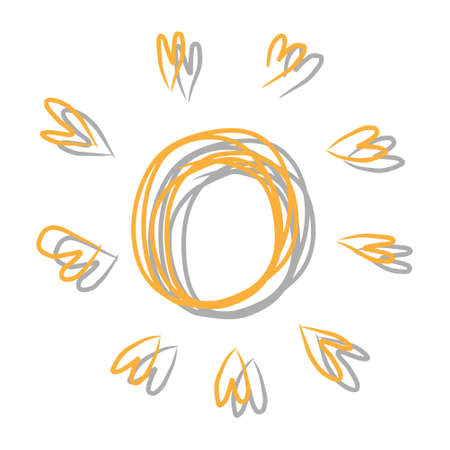 vector simple isolated hand drawn lines, doodle of yellow with shadow, orange ray or burst of sun...