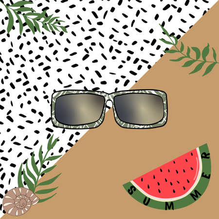 summer background with sunglasses a piece of watermelon shell palm branches and abstract texture spots on the background of sandのイラスト素材
