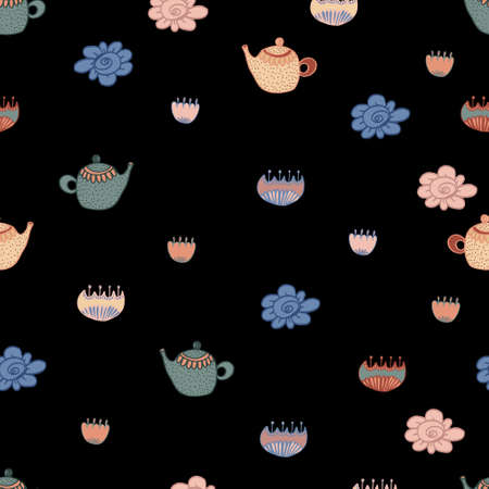 tea seamless pattern with flowers and dots. Vector isolated multicolored cartoon illustrationのイラスト素材