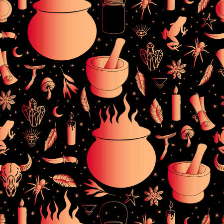 halloween vector seamless pattern witchcraft drawingの写真素材