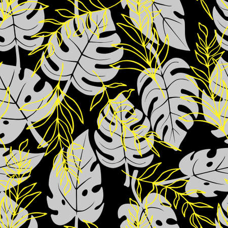 tropical background of monsters and palm leaves vector seamless patternのイラスト素材