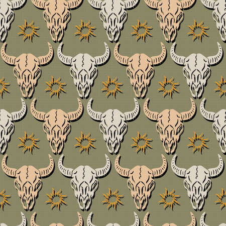 folk skull buffalo and sun native vector seamless patternのイラスト素材