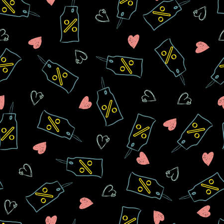 discount tags and hearts shopping sale vector seamless patternのイラスト素材