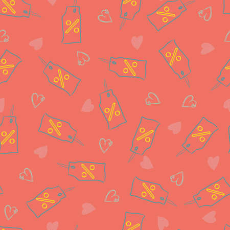 discount tags and hearts shopping sale vector seamless patternのイラスト素材