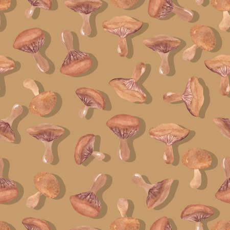 autumn watercolor mushrooms with wavy cap vector seamless pattern isolated hand drawnの写真素材