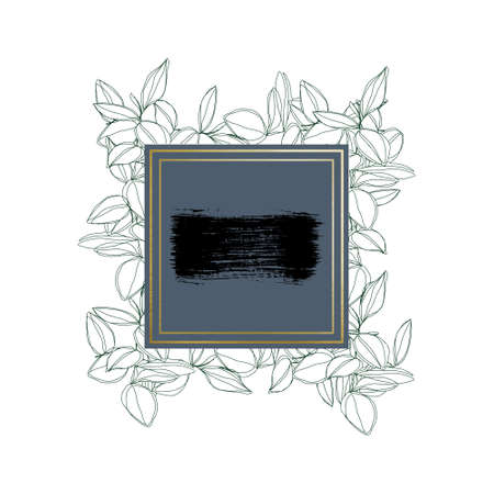 botanical minimalism line art leaves vector frame with golden borders and textured brush strokeのイラスト素材