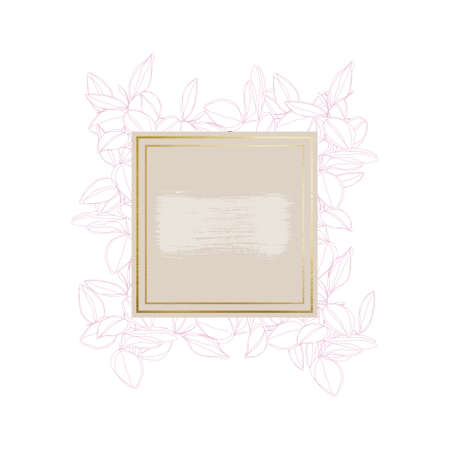 botanical minimalism line art leaves vector frame with golden borders and textured brush strokeのイラスト素材