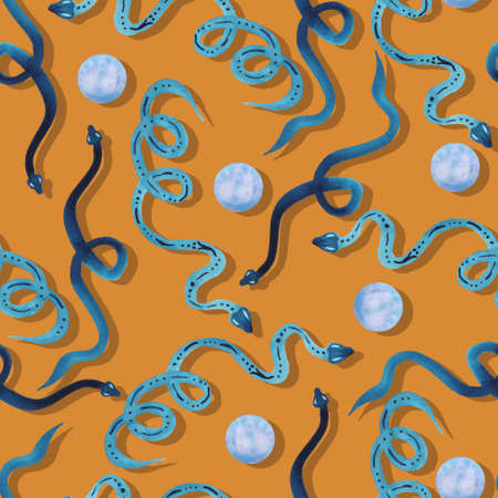 watercolor mystical witch background snake and full moon vector seamless patternのイラスト素材