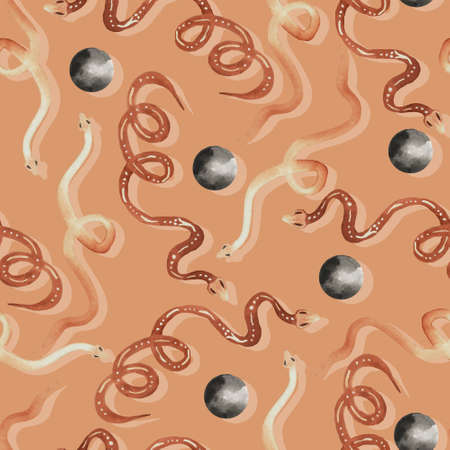watercolor mystical witch background snake and full moon vector seamless pattern