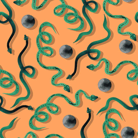 watercolor mystical witch background snake and full moon vector seamless patternのイラスト素材
