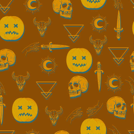 halloween vector seamless pattern witchcraft drawingのイラスト素材