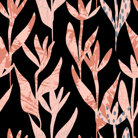 background textural silhouettes of flowers with stems and leaves seamless pattern digital drawingの写真素材