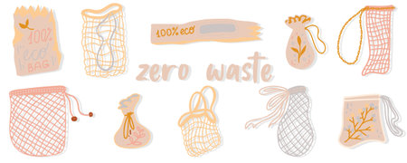 Set of mesh, net and textile tote bags for shopping, storage for eco friendly living. Vegan zero waste lifestyle concept. Colorful hand drawn trendy shoppers vector illustration. Say NO to plastic!のイラスト素材