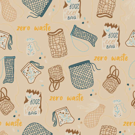 Mesh or mesh shopping bags for eco friendly living vector seamless pattern. Fashion buyer of the Vegan Zero Waste concept. Colorful hand drawn vector illustration for banner, postcard, poster.のイラスト素材