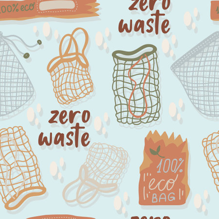 Mesh or mesh shopping bags for eco friendly living vector seamless pattern. Fashion buyer of the Vegan Zero Waste concept. Colorful hand drawn vector illustration for banner, postcard, poster.のイラスト素材