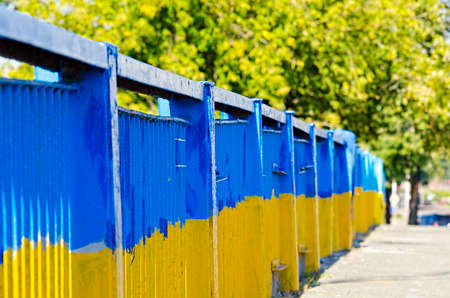 Bridge painted in the colors of Ukrainian flagの写真素材