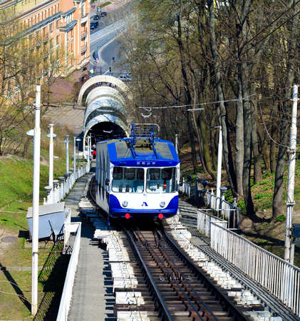 Two funicular trains moving on the hill. Kiev. Kyiv. Ukraineのeditorial素材