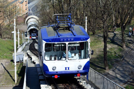 Two funicular trains moving on the hill. Kiev. Kyiv. Ukraine