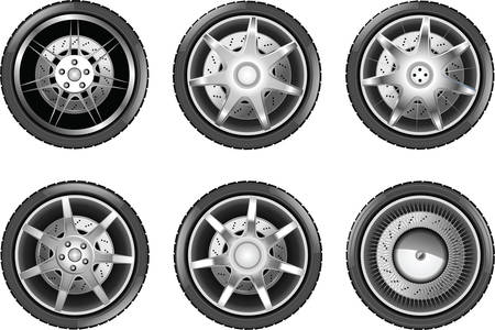 Vector car tire icons. Wheels isolateted on whiteのイラスト素材