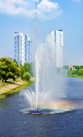 Fountains in Kiev District Rusanovka fountains panorama. Kiev Ukraineの写真素材