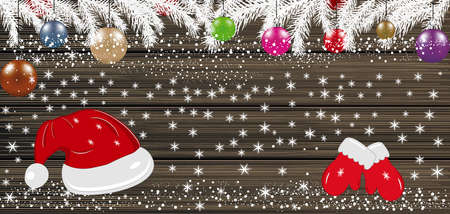 Background with Christmas balls, Santa hat and mittens.のイラスト素材