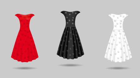 Women's dress mockup collection. Dress in long pleated skirt realistic vector illustrationのイラスト素材