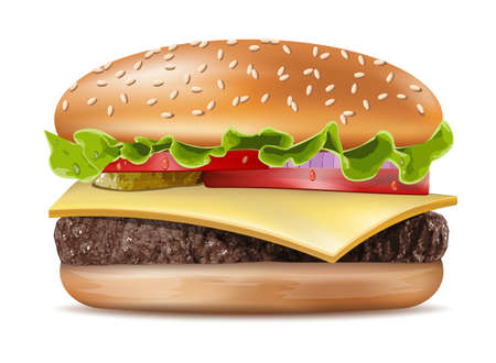 Vector Realistic Hamburger Classic Burger American Cheeseburger with Lettuce Tomato Onion Cheese Beef and Sauce Close up isolated on white Background. Fast Foodのイラスト素材