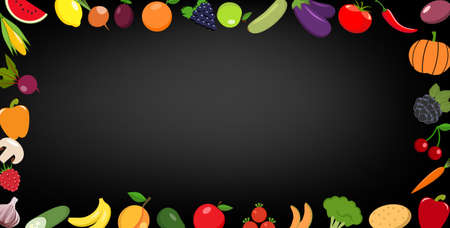 Frame of organic food. Fresh raw vegetables with fruits on a black chalkboardのイラスト素材