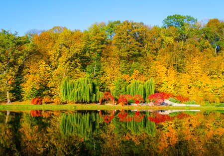 Autumn landscape with a lake view on an autumn afternoonの写真素材