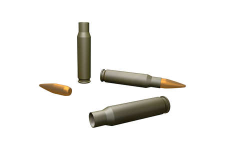 Bullets and cartridges on white background