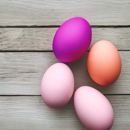 Easter eggs on wooden backgroundの写真素材