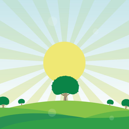 Vector illustration of beautiful summer fields landscape green hills blue sky in cartoon styleのイラスト素材