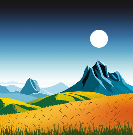 Vector illustration of a beautiful mountain landscape with northern lights and a lake in the mountainsのイラスト素材