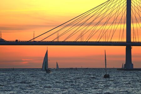 observation deck on the square with a view of the cable-stayed bridge and sunset