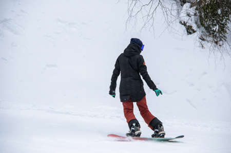 girl on a snowboard rides down the side of the mountainの写真素材