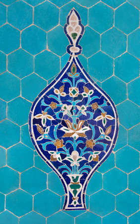 Blue arabesque design inside an old mosque in Yazd, Iran の写真素材