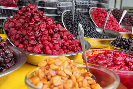 Traditionally dried and processed sour plums, sour cherries and forest fruits presented in large...
