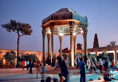 Illuminated Hafezieh monument, which is tomb of Hafez the Great Iranian Poet. This  mausoleum is located in a beautiful Persian garden and is a landmark of Shiraz.のeditorial素材