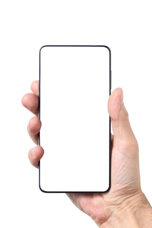male man holding and showing  blank smart phone isolated  on white backgroundの写真素材