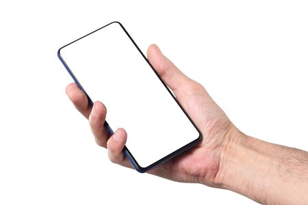 male man holding and showing  blank smart phone isolated  on white background  with clipping path around hand and display with copy space for your textの写真素材