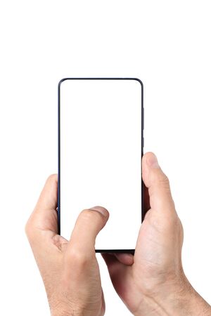 male man holding and showing  blank smart phone isolated  on white background  with clipping path around hand and display with copy space for your textの写真素材