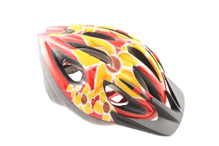 Colourful protective bicycle helmet isolated on white background