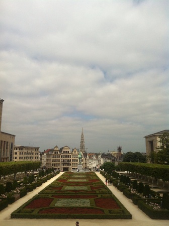 Overview o the city of Brussels Belgium as seen from the mont des arts with the tower of the city hall in sight. の素材